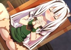 1girl animal_ears atla_fayon black_hair blunt_bangs blush bracelet censored chair closed_eyes collarbone commentary_request dbmaster dress dutch_angle green_dress hands_up highres iwatani_naofumi jewelry loli long_hair mosaic_censoring multicolored_hair no_panties off-shoulder_dress off_shoulder own_hands_together paid_reward_available pov pussy pussy_juice short_sleeves sitting solo_focus spread_legs spread_pussy streaked_hair tate_no_yuusha_no_nariagari thighs tiger_ears tiger_girl trembling variant_set wavy_mouth white_hair