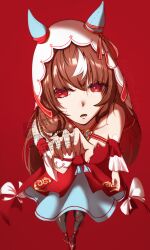 Rule 34 | 1girl, 3year etarou, absurdres, animal ears, bare shoulders, black pantyhose, bow, breasts, brown hair, dress, ear bow, ear ribbon, hand up, high heels, highres, long hair, low-tied long hair, medium breasts, multicolored hair, nail polish, off-shoulder dress, off shoulder, pantyhose, parted lips, red background, red dress, red eyes, red nails, red ribbon, red shoes, ribbon, shoes, simple background, solo, still in love (umamusume), streaked hair, two-tone dress, umamusume, veil, very long hair, watermark, white dress, white hair, white veil