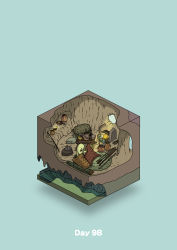 absurdres blue_background cave commentary_request diorama fireplace gozz highres isometric jewelry lamp leather mortar_(bowl) original pestle polearm pot spear stairs stitching table weapon