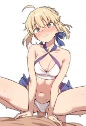 1boy 1girl ahoge animated artoria_pendragon_(fate) artoria_pendragon_(swimsuit_archer)_(fate) artoria_pendragon_(swimsuit_archer)_(first_ascension)_(fate) bikini blonde_hair bouncing_breasts braid braided_bun breasts cleavage cowgirl_position criss-cross_halter ebora fate/grand_order fate_(series) green_eyes hair_bun halterneck hetero nipples penis sex short_hair small_breasts sound straddling sweat swimsuit tagme uncensored vaginal video white_background white_bikini