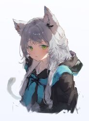 1girl absurdres animal_ears arknights black_jacket colored_eyelashes commentary cropped_torso green_eyes grey_hair highres hood hood_down hooded_jacket jacket long_hair looking_at_viewer mumu_millhayes parted_lips rosmontis_(arknights) simple_background sketch solo white_background