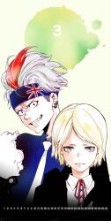 Rule 34 | 2boys, amano akira, black eyes, black jacket, blonde hair, blue eyes, blue headband, blue shirt, closed mouth, ear piercing, fin fennec, headband, highres, jacket, kamonohashi ron no kindan suiri, long hair, looking at viewer, multicolored hair, multiple boys, necktie, official art, open mouth, piercing, red hair, red ribbon, ribbon, serious, shachi (kamonohashi ron no kindan suiri), shirt, simple background, smile, two-tone hair, union jack, white hair, white necktie, white shirt, yellow background