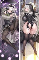 1girl alternate_costume armpits black_dress black_gloves black_hairband black_hat black_leotard black_pantyhose black_thighhighs blue_archive blush cameltoe cosplay covered_erect_nipples crossed_bangs dakimakura_(medium) detached_sleeves double_v dress feathered_wings from_behind gloves green_ribbon hair_between_eyes hairband hand_on_own_ass hat justina_follower_(blue_archive) justina_follower_(blue_archive)_(cosplay) leotard long_hair looking_at_viewer lying no_shoes nun o-yatsu official_alternate_costume on_stomach one_eye_closed open_mouth pantyhose purple_eyes ribbon sakurako_(blue_archive) sakurako_(idol)_(blue_archive) sidelocks solo striped_clothes striped_pantyhose teeth thighhighs top_hat upper_teeth_only v vertical-striped_clothes vertical-striped_pantyhose white_hair wings