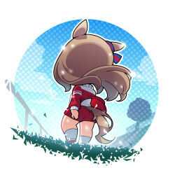 1girl blue_sky brown_hair chibi cloud commentary_request day facing_away floating_hair from_behind grass grass_wonder_(umamusume) gym_shirt gym_shorts gym_uniform highres horse_girl jacket long_hair long_sleeves open_clothes open_jacket polka_dot puffy_long_sleeves puffy_sleeves red_jacket red_shorts shirt shorts sky socks solo standing tree umamusume very_long_hair warashi white_shirt white_socks