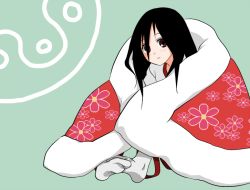 00s 1girl bird black_hair blanket brown_eyes ekra feet female_focus floral_print flower gym_uniform komori_kiri leaning_forward long_hair penguin ribbon sayonara_zetsubou_sensei simple_background sitting smile socks solo