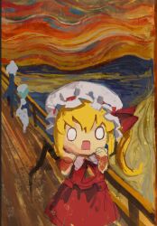 1girl ascot commentary cowboy_shot english_commentary fine_art_parody flandre_scarlet ge_dazuo hat looking_at_viewer mob_cap open_mouth orange_sky parody red_ribbon red_skirt red_vest ribbon ribbon-trimmed_headwear ribbon_trim skirt sky solo_focus the_scream touhou vest white_hat wings yellow_ascot