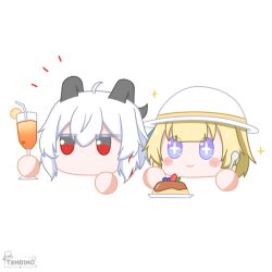 ahoge artist_name ball_hands black_eyes black_horns blonde_hair blue_eyes closed_mouth commentary cup curled_horns drinking_glass english_commentary highres holding holding_cup holding_spoon horns mole mole_under_eye multicolored_eyes multicolored_hair no_humans no_mouth phoebe_(wuthering_waves) red_eyes remnant_cube_(wuthering_waves) smile spoon streaked_hair tenrino two-tone_eyes wuthering_waves zani_(wuthering_waves)