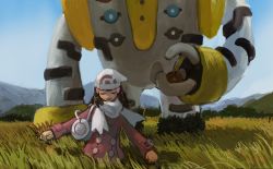 1girl bag beanie blue_sky closed_eyes creature dawn_(pokemon) day facing_another gen_2_pokemon gen_4_pokemon grass hat highres holding holding_pokemon legendary_pokemon minahamu nintendo outdoors outstretched_arms pokemon pokemon_(creature) pokemon_dppt pokemon_platinum regigigas scarf sky spread_arms standing swinub white_headwear white_scarf wind