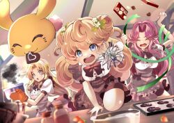 Rule 34 | 3girls, ahoge, angela (seiken densetsu 3), black bow, black bowtie, black skirt, blonde hair, blue eyes, bow, bowtie, box, box of chocolates, breasts, candy, charlotte (seiken densetsu 3), chocolate, chocolate heart, chocolate making, closed eyes, cooking pot, creature, double bun, food, food in mouth, furrowed brow, hair bun, happy valentine, heart, heart-shaped food, holding, holding cooking pot, holding whisk, indoors, long hair, medium breasts, mii (03miiy), multiple girls, open mouth, oven mitts, parted bangs, ponytail, puffy short sleeves, puffy sleeves, purple hair, riesz, seiken densetsu, seiken densetsu 3, shirt, short sleeves, shouting, sidelocks, skirt, sweatdrop, whisk, white shirt