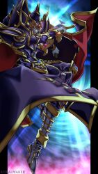 1boy absurdres artist_name black_shirt cape colored_skin commentary_request duel_monster grey_skin highres holding holding_sword holding_weapon looking_to_the_side master_of_chaos purple_eyes red_eyes shirt sleeveless sleeveless_shirt solo sword weapon yu-gi-oh! yu-gi-oh!_duel_monsters zealmaker