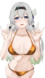 1girl \||/ absurdres black_hairband blush breasts cleavage firefly_(honkai:_star_rail) golden_week_bikini gradient_eyes gradient_hair green_pupils grey_hair hair_between_eyes hair_intakes hair_ornament hair_ribbon hair_tie hairband highres honkai:_star_rail honkai_(series) kagurachi large_breasts multicolored_eyes multicolored_hair open_mouth pink_lips ribbon simple_background solo teeth two-tone_eyes white_background