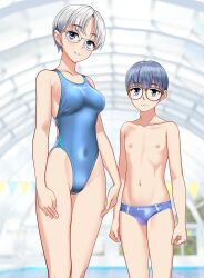 1boy 1girl absurdres age_difference blue_one-piece_swimsuit breasts collarbone commentary_request competition_swimsuit covered_navel glasses green_eyes grey_hair grey_male_swimwear highleg highleg_one-piece_swimsuit highres indoors male_swimwear medium_breasts mole mole_under_eye multicolored_male_swimwear one-piece_swimsuit onee-shota original parted_lips standing striped_clothes swim_briefs swimsuit takafumi variant_set