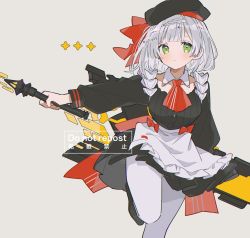 1girl apron ascot back_bow beret black_dress black_hat bow braid collarbone commentary_request detached_collar dress genshin_impact green_eyes grey_background grey_hair hat hat_bow highres holding holding_sword holding_weapon kfc medium_hair noelle_(genshin_impact) noelle_(kfc)_(genshin_impact) pantyhose red_ascot red_bow simple_background solo sword the_unforged_(genshin_impact) waist_bow weapon white_apron white_pantyhose yayoripain