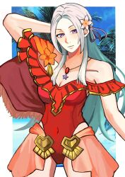 1girl arm_behind_head border breasts cleavage collarbone commentary covered_navel edelgard_von_hresvelg edelgard_von_hresvelg_(summer) fire_emblem fire_emblem:_three_houses fire_emblem_heroes highres jewelry long_hair looking_at_viewer medium_breasts necklace nintendo official_alternate_costume one-piece_swimsuit outside_border palm_tree ponzuponta39 purple_eyes red_one-piece_swimsuit solo standing star_(symbol) star_necklace swimsuit symbol-only_commentary tree white_border white_hair