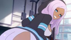 1boy 1girl 3d amplected animated anus ass black_jacket blue_eyes bouncing_ass bouncing_breasts breasts breasts_out buttjob clothed_sex continuous_ejaculation cum cum_in_mouth cum_on_body cum_on_breasts cum_on_upper_body dark-skinned_female dark_skin dress en&#039;en_no_shouboutai fellatio grinding handjob hetero hibana_(enen_no_shouboutai) huge_ass jacket large_breasts laughing long_hair nipples no_panties oral pink_hair sitting sitting_on_person smile smug sound spread_legs tagme testicles theblackmissus unusual_pupils vaginal video voice_actor white_dress