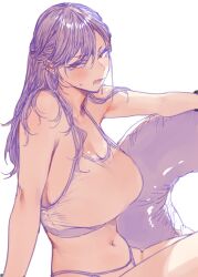 1girl bikini blush breasts cleavage commentary_request goshiki_suzu highres huge_breasts innertube long_hair looking_at_viewer mole mole_under_eye open_mouth original purple_hair red_eyes simple_background solo stomach sweat swim_ring swimsuit tokiwa_nao white_background white_bikini