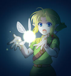 1boy belt blonde_hair blue_eyes brown_belt child commentary_request cowboy_shot dark fairy green_hat green_tunic hat kokiri_sword link navi nintendo open_mouth outstretched_arms pointy_ears short_sleeves shoulder_belt sidelocks solo surprised sword the_legend_of_zelda the_legend_of_zelda:_majora&#039;s_mask the_legend_of_zelda:_ocarina_of_time tomo.puri tunic weapon weapon_on_back young_link