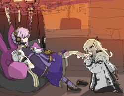 2girls allial_(coefont) bare_shoulders black_boots black_shoes boots cevio cigarette coat coefont colored_smoke commentary_request couch cushion dress flower_tattoo from_side full_body hair_over_eyes head_down headphones high_heels highres hood hooded_coat indoors jacket jacket_partially_removed kissing_foot kneeling long_hair long_sleeves looking_at_another mouth_hold multiple_girls on_couch one_side_up open_clothes open_jacket orange_background outstretched_leg profile purple_dress purple_hair rabbit-shaped_pillow reclining shadow shoes short_hair shoulder_tattoo single_bare_foot smoke smoking sotobako_e strapless strapless_dress tattoo textless_version thigh_boots unworn_shoe voiceroid white_coat white_hair white_jacket yuzuki_yukari yuzuki_yukari_(rei)