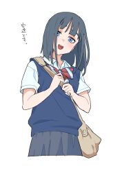 1girl :d absurdres backpack bag black_hair blue_eyes blush bow hei_taiyou highres kaere!_ootsurudani_kitaku_club looking_at_viewer open_mouth pleated_skirt school_bag school_uniform shirt short_sleeves skirt smile solo sweater_vest white_background white_shirt