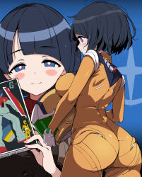 1girl ass black_hair black_shirt blue_eyes blush_stickers bodysuit box breast_press breasts from_behind gloves gundam gundam_gquuuuuux helmet highres hirowa_nagi holding holding_box looking_at_viewer messy_hair model_kit multiple_views orange_bodysuit orange_helmet shiiko_sugai shirt short_hair skin_tight smile sweat thighs white_gloves