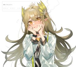 Rule 34 | 1girl, :d, arknights, black choker, blush, bracelet, choker, coat, collarbone, commentary, dot nose, elf, embarrassed, eyes visible through hair, fumi (rdbm), green hair, hair over one eye, hair spread out, hands on own face, highres, infection monitor (arknights), jewelry, lab coat, laurel crown, long hair, long sleeves, looking at viewer, muelsyse (arknights), no mole, open clothes, open coat, open mouth, pointy ears, simple background, smile, solo, steaming body, sweat, sweatdrop, upper body, white background, white coat, yellow eyes