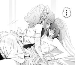... 2girls backless_dress backless_outfit bare_arms bare_shoulders blush breasts bridal_veil cleavage closed_eyes closed_mouth commentary_request dress earrings elbow_gloves female_focus flower girl_on_top gloves greyscale hair_flower hair_ornament jewelry long_hair lwmina70119 lying medium_breasts miyagi_shiori monochrome multiple_girls on_back parted_lips ponytail sendai_hazuki shuuniichido_classmate_wo_kau_hanashi small_breasts spoken_ellipsis strapless strapless_dress sweatdrop veil wedding wedding_dress wife_and_wife yuri