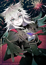 1girl :d aiguillette animal_ears arknights black_gloves black_skirt blue_eyes buttons cape double-breasted fireworks gloves grin high-waist_skirt highres lappland_(arknights) lappland_the_decadenza_(arknights) long_hair long_sleeves looking_at_viewer meiji_ken open_mouth outstretched_hand parted_lips red_cape scar scar_across_eye scar_on_face sharp_teeth shirt skirt smile solo teeth very_long_hair white_hair white_shirt wolf_ears