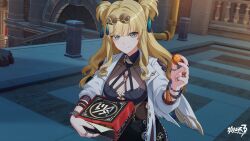 Rule 34 | 1girl, blonde hair, blue eyes, breasts, cleavage, cleavage cutout, closed mouth, clothing cutout, food, glasses, highres, holding, holding food, honkai (series), honkai impact 3rd, jewelry, large breasts, long sleeves, looking at viewer, official art, outdoors, pince-nez, ring, solo, songque, songque (astralop), wavy hair