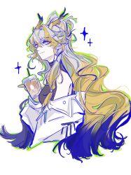 Rule 34 | 1girl, aaa shenmi zuo fan ren, absurdres, arknights, bare shoulders, blonde hair, blue eyes, chinese commentary, closed mouth, commentary request, cropped torso, cup, disposable cup, dragon girl, dragon horns, drink, drinking straw, green outline, grey hair, hair between eyes, highres, holding, holding drink, horns, light smile, long hair, looking at viewer, multicolored hair, off shoulder, outline, pointy ears, purple hair, shu (arknights), simple background, solo, sparkle, wavy hair, white background