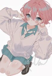 1girl amate_yuzuriha aqua_eyes aqua_shirt aqua_skirt blush breasts closed_mouth collared_shirt gundam gundam_gquuuuuux highres ichiya_refi long_sleeves looking_at_viewer necktie red_hair school_uniform shirt short_hair simple_background skirt solo sweater white_background