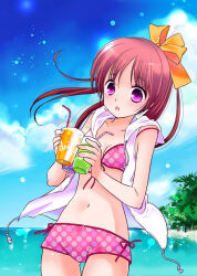 Rule 34 | 1girl, bikini, bikini shorts, bow, breasts, commentary request, cup, day, drinking straw, hair bow, holding, holding cup, hood, hood down, hoodie, long hair, navel, ocean, open mouth, original, outdoors, polka dot, polka dot bikini, ponytail, purple eyes, red hair, sakuragi akira, shorts, sky, sleeveless, sleeveless hoodie, small breasts, solo, swimsuit, water
