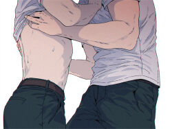 2boys belt brown_belt clothes_lift commentary fingernails from_side green_pants lemonmelon00 lifting_another&#039;s_clothes male_focus multiple_boys pants sakura_haruka_(wind_breaker) shirt shirt_lift simple_background sweat toned toned_male umemiya_hajime white_background white_shirt wind_breaker_(nii_satoru)