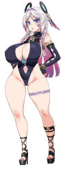 Rule 34 | 1girl, adapted costume, alternate breast size, armlet, between breasts, black gloves, black leotard, black sandals, blue eyes, blush, bracelet, braided sidelocks, breasts, cameltoe, citlali (genshin impact), cleavage, cleavage cutout, clothing cutout, colored inner hair, commentary, elbow gloves, english commentary, era (erasion), eyelashes, facial mark, floating headgear, forehead mark, full body, genshin impact, glove cutout, gloves, grey hair, hair intakes, hands on own hips, headgear, high heel sandals, high heels, highleg, highleg leotard, highres, jewelry, large breasts, leotard, long hair, looking at viewer, multicolored hair, nail polish, navel, navel cutout, open mouth, paid reward available, parted bangs, pink hair, pink pupils, platform sandals, purple hair, purple nails, ribbed gloves, ribbed leotard, ring hair ornament, sandals, simple background, solo, standing, thigh marking, toenail polish, toenails, triangle, triangle facial mark, white background