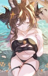 Rule 34 | 1girl, absurdres, arutoria (187497382), bare shoulders, beach, bikini, black bikini, blue hair, breasts, brown hair, closed eyes, collarbone, galleon (granblue fantasy), granblue fantasy, highres, large breasts, long hair, ocean, partially submerged, solo, swimsuit, water