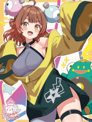1girl :d absurdres ahoge armpits bare_shoulders blush breasts brown_eyes brown_hair character_hair_ornament cosplay gakuen_idolmaster hair_bun hair_ornament hanami_ume hexagon_print highres hiyoko_neneko idolmaster iono_(pokemon) iono_(pokemon)_(cosplay) large_breasts looking_at_viewer nintendo open_mouth pokemon pokemon_sv single_hair_bun sleeves_past_wrists smile solo thigh_strap thighs yellow_sleeves