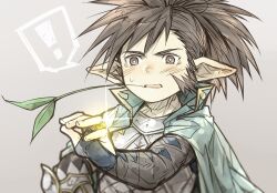 ! 1boy blush brown_hair commentary_request granblue_fantasy grey_background iha_tobu jewelry looking_at_hand male_focus mouth_hold ponytail ring sevilbarra sideburns speech_bubble spoken_exclamation_mark stalk_in_mouth sweatdrop upper_body