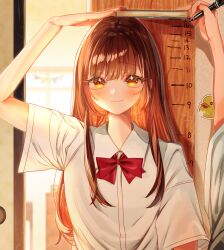1girl absurdres arm_up blush book book_on_head bow brown_eyes brown_hair godouyu_(neisukun) height_mark highres indoors long_neck looking_at_viewer marker object_on_head original red_bow school_uniform shirt short_sleeves smile solo_focus sticker white_shirt