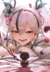 Rule 34 | 1girl, absurdres, black eyes, black flower, black ribbon, blake bloom (wuthering waves), camellia, camellya (wuthering waves), character doll, commentary, earrings, female rover (wuthering waves), flower, gold earrings, hair between eyes, hair flower, hair ornament, hair ribbon, highres, jelmul, jewelry, open mouth, red pupils, red ribbon, ribbon, rover (wuthering waves), short hair, short twintails, smile, twintails, white hair, wuthering waves