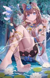 1girl absurdres animal animal_ears ankh anklet arknights armlet bare_shoulders barefoot blue_eyes blue_flower bracelet brown_hair cat cat_ears cat_girl cat_tail dress earrings flower gold_anklet gold_armlet gold_bracelet hair_flower hair_ornament headband highres jewelry off-shoulder_dress off_shoulder official_alternate_costume pepe_(arknights) pepe_(nuit_of_the_nightsky)_(arknights) sitting_on_water solo tail thighs toes water white_dress white_flower xiandai_quanru