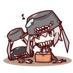 10s 1girl :3 abyssal_ship aqua_eyes blush box cape cardboard_box chalk chibi fire hat highres kantai_collection musical_note nuu_(nu-nyu) paper short_hair silver_hair tape tub wo-class_aircraft_carrier