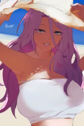 1girl alternate_costume arms_up bare_shoulders blue_eyes breasts cleavage commentary_request eyelashes grin hair_between_eyes hands_on_headwear hat highres honkai:_star_rail honkai_(series) hsk10107 jade_(honkai:_star_rail) korean_commentary large_breasts long_hair looking_at_viewer purple_hair smile solo strapless tube_top upper_body white_tube_top