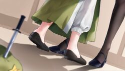 2girls beret black_shoes black_thighhighs dutch_angle green_hat green_skirt hat hat_ornament highres hong_meiling izayoi_sakuya knife loafers lower_body multiple_girls pants sarukana shadow shoes skirt star_(symbol) star_hat_ornament thighhighs touhou white_pants