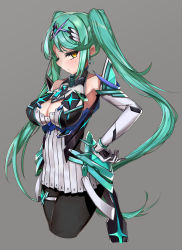 1girl alternate_color alternate_hairstyle bare_shoulders breasts chest_jewel cleavage cleavage_cutout clothing_cutout cosplay dress earrings elbow_gloves gloves green_hair highres jewelry large_breasts long_hair mythra_(massive_melee)_(xenoblade) mythra_(xenoblade) nakazou2000 pneuma_(xenoblade) pneuma_(xenoblade)_(cosplay) thighhighs xenoblade_chronicles_(series) xenoblade_chronicles_2