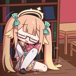 Rule 34 | &gt; &lt;, 1girl, asymmetrical legwear, blonde hair, blue archive, blue eyes, blunt bangs, blush, book, bookshelf, bow, chibi, chibi only, closed eyes, commentary request, full body, glasses, green bow, green ribbon, hair bow, halo, hana kazari, highres, holding, holding book, knee up, long hair, neck ribbon, open book, open mouth, plaid bow, pleated skirt, ribbon, shimiko (blue archive), shirt, single sock, single thighhigh, sitting, skirt, socks, solo, thighhighs, uneven legwear, very long hair, white shirt, white skirt, white socks, white thighhighs, yellow halo