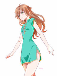 1girl ahoge artist_name breasts brown_hair china_dress chinese_clothes cowboy_shot double-parted_bangs dress earrings eiyuu_densetsu floating_hair green_eyes hair_between_eyes jewelry long_hair sen_no_kiseki_(series) short_sleeves sideburns simple_background small_breasts solo towa_herschel white_background xiacheng_tatsuya