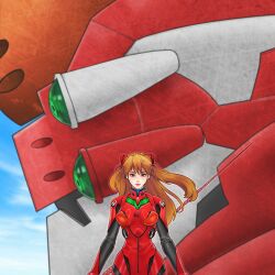 1girl absurdres artist_request blue_eyes blue_sky bodysuit breasts brown_hair cowboy_shot curvy eva_02 floating_hair highres holding holding_weapon lance lance_of_longinus_(evangelion) long_hair looking_at_viewer mecha_pilot_suit neon_genesis_evangelion parted_lips plugsuit_(evangelion) polearm red_bodysuit simple_background sky solo souryuu_asuka_langley weapon wide_hips