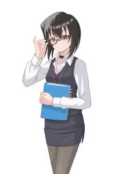 1girl absurdres adjusting_eyewear alternate_costume black-framed_eyewear black_choker black_eyes black_hair black_skirt black_vest bob_cut book bow bow_choker choker closed_mouth commentary cowboy_shot dress_shirt frown girls_und_panzer grey_pantyhose highres holding holding_book kawashima_momo lanyard long_sleeves looking_at_viewer miniskirt monocle office_lady pantyhose pencil_skirt qgkmn541 semi-rimless_eyewear shirt short_hair simple_background skirt solo standing under-rim_eyewear vest white_background white_shirt wing_collar