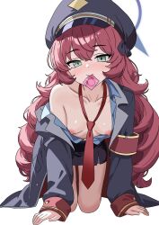 1girl absurdres bent_over black_coat black_skirt blue_archive blue_halo breasts coat collarbone commentary condom condom_in_mouth curly_hair green_eyes gubee halo hat highres iroha_(blue_archive) long_hair looking_at_viewer mouth_hold necktie nipples peaked_cap purple_hair red_necktie simple_background skirt small_breasts solo very_long_hair white_background