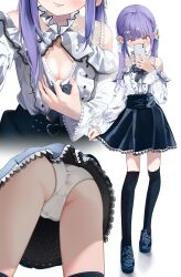 1girl black_skirt black_socks blue_eyes blush bow breasts cleavage clothes_pull clothing_cutout collar commentary_request dress_pull frilled_collar frilled_shirt_collar frilled_skirt frilled_sleeves frills hair_ornament hayakawa_sena_(pei_iriya) highres jirai_kei kneehighs long_hair long_sleeves multiple_views original panties pei_iriya pulling_own_clothes purple_hair shirt shoulder_cutout skirt socks solo standing twintails underwear white_panties white_shirt