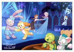 4boys 4girls animal_ears animification anna_(frozen) braid company_connection cookie dress duffy_and_friends duffy_the_disney_bear elsa_(frozen) food frozen_(disney) full_body gelatoni highres long_hair long_sleeves looking_at_viewer multiple_boys multiple_girls olaf_(frozen) olu_mel rabbit_ears rabbit_girl siblings sisters smile snowman standing stellalou stuffed_animal stuffed_toy takatmaorange